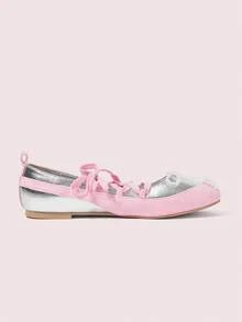 CUCCOO DOLLMOD Women's Pink Metallic Color-Blocking Suede Mary Jane Flats With Pearl Decor, Romantic Fashion Flat Shoes For Spring/Autumn - Silver - View 9