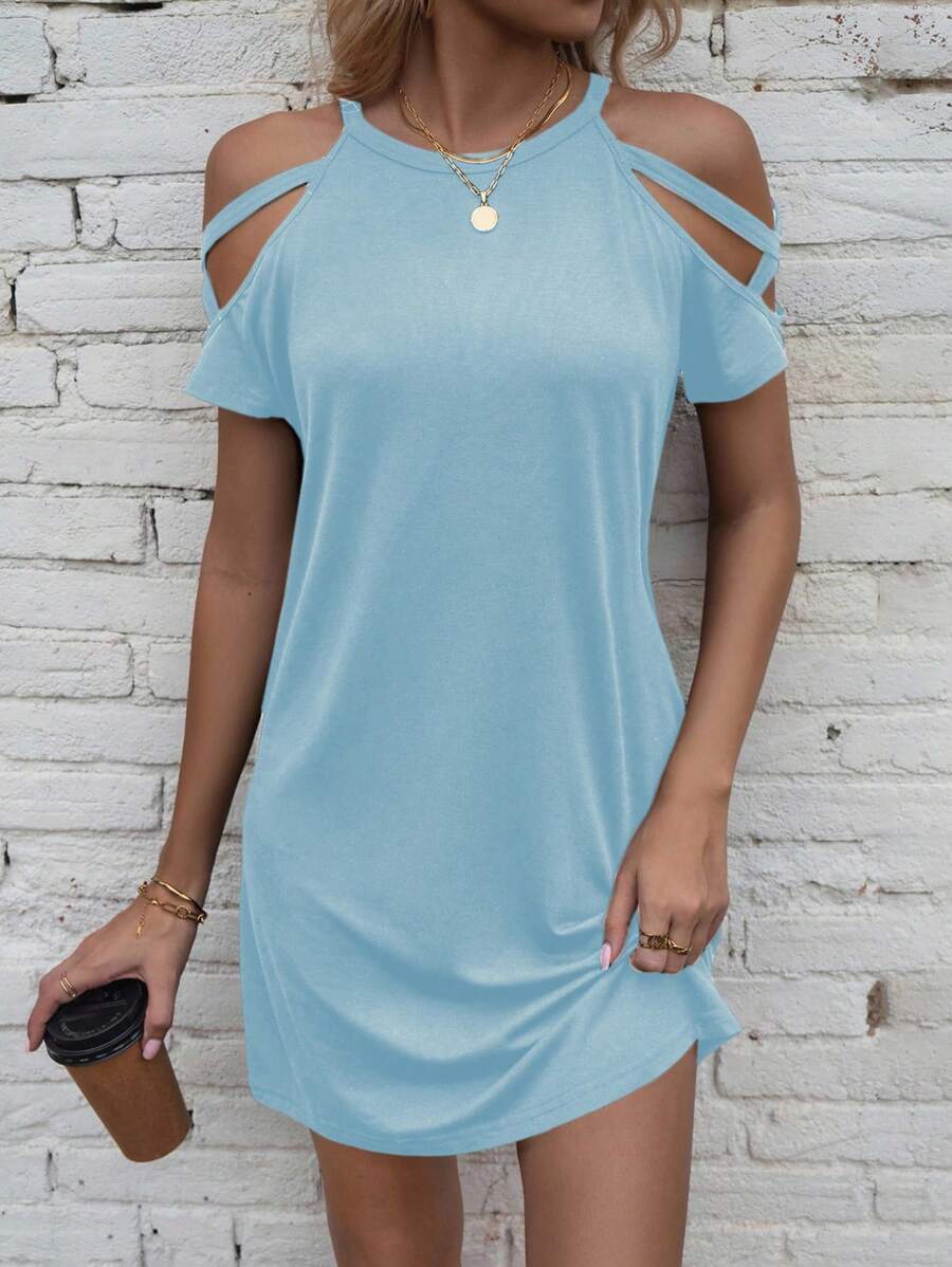 SHEIN LUNE 夏季纯色露肩休闲连衣裙新年衣服 - 藍色 - 查看 1