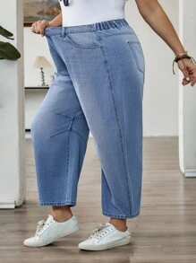 SHEIN CURVE+ جينز مقطع مقاس كبير ذو ساق متسعة - أزرق متوسط - مشاهدة 6