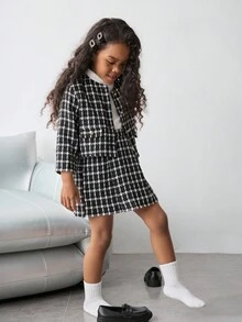 Maija Kids Maija Kids 2件套少女格子花呢夹克和迷你裙套装 - 黑色 - 查看 3