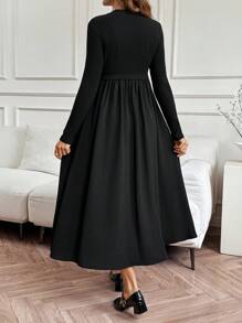 SHEIN 孕妇纯色简约日常装圆领长袖连衣裙 - 黑色 - 查看 2