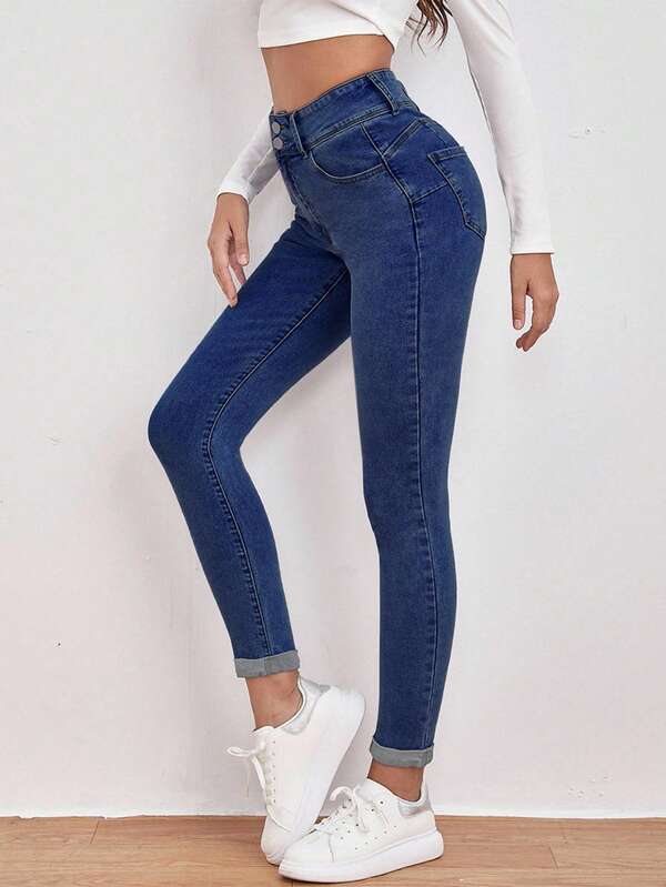 Jeanoix High Waist Slant Pocket Skinny Black Jeans