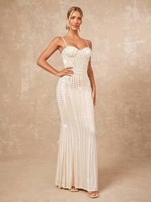Lumalex Cream White Summer Elegant Formal Faux Pearls Rhinestone Detail Split Hem Bustier Slip Maxi Dress Luxury Prom Banquet Old Money Glitter Party Gown - Beige - View 7
