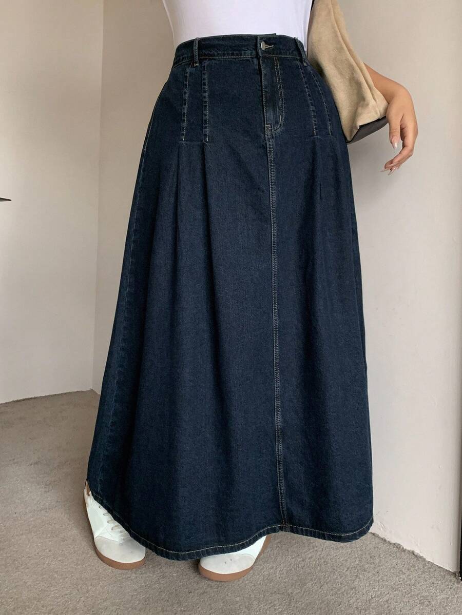 DAZY Váy chữ A denim sẫm màu cho nữ cỡ lớn, mùa thu - Rửa tối - Xem 1