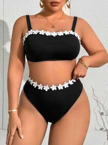 Slaydiva 大码女式多色拼接细肩带可拆卸泳衣上衣+高腰彩色花卉装饰泳裤 - 黑與白 - 查看 4