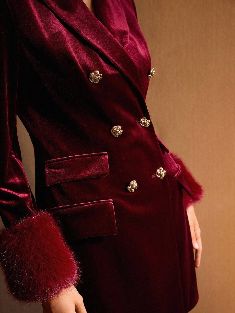 VELVET FUZZY PANEL DOUBLE BREASTED BLAZER DRESS