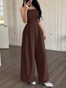 Silhoulove Women's Solid Color Pleated Wide Leg Loose Casual Jumpsuit - Brown - View 4
