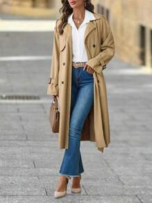 女士超柔软PU双排扣腰带风衣，商务休闲女教师款，返校秋季款 - 卡其色 - 查看 3