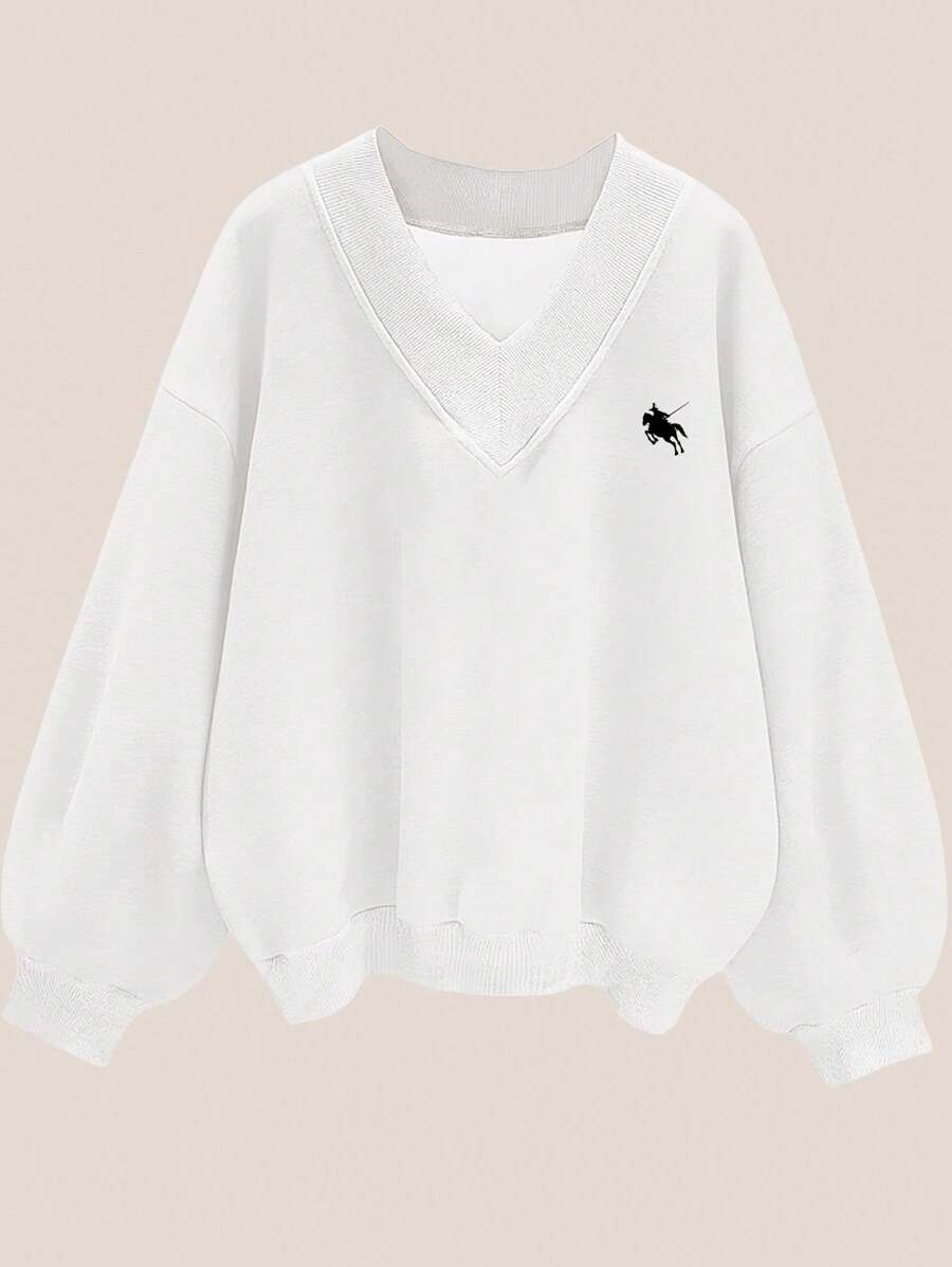 SHEIN EZwear 女式超大V领白色小马图案运动衫,秋冬休闲装 - 白色 - 查看 1