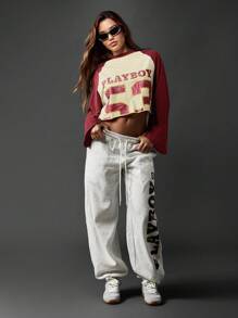 Missguided x Playboy 校园风长袖短款圆领棒球插肩袖休闲街头风做旧数字标志时尚运动衫秋冬 - 酒紅色 - 查看 3