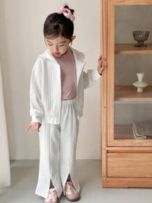 Genkimix Kids 两件套女童长袖连帽外套和宽松长裤套装，质感面料，适合秋季穿着，白色休闲返校日常穿着，秋冬季时尚百搭。 - 白色 - 查看 4