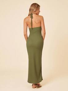 SHEIN VCAY Tied Backless Split Thigh Waffle Knit Dress - Army Green - View 3
