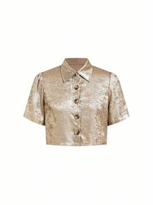 Ellevyn 优雅领扣衬衫和修身印花腰部收紧 A 字长连衣裙夏季两件套，细肩带全印花连衣裙，荷叶边下摆超长度假海滩装女 - 卡其色 - 查看 8