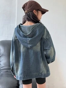 SHEIN 少女复古90年代水洗休闲宽松连帽牛仔外套，适合秋冬季节、返校季、街头风，酷炫舒适百搭，适合上学、居家和旅行穿着。 - 中等水洗藍 - 查看 2