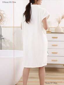 SHEIN Women White Short-Sleeve Bathrobe With Belt And Hem Border Summer Wedding Home Bathroom Decor Back To School - White - View 3