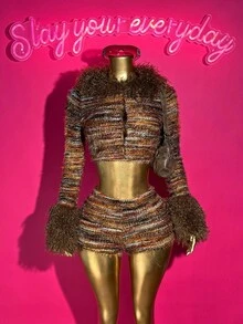 Slaydiva Women's Autumn Y2K Brown Striped Furry Texture Leopard Splicing Long Sleeve Cropped Top & Mini Shorts 2 Pieces Set, Nightclub Concert Party Outfit - Multicolor - View 6