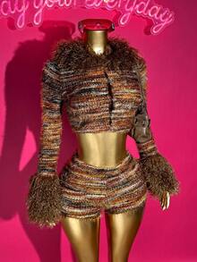 Slaydiva Women's Autumn Y2K Brown Striped Furry Texture Leopard Splicing Long Sleeve Cropped Top & Mini Shorts 2 Pieces Set, Nightclub Concert Party Outfit - Multicolor - View 4