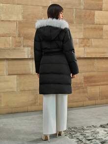 CLARA VERO Women's Solid Faux Fur Hooded Belted Elegant Midi Winter Coat - Black - View 2