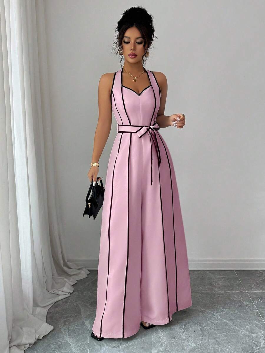 Elenzga Mono elegante y casual para dama de oficina o maestra, con diseño de alta gama, de color blanco con bloques de color negro, estampado digital, cierre de cremallera en la cintura, pantalón de pierna ancha y larga, estilo retro de rayas francesas, escote de halter y cuello en V. - Rosa - Ver 1