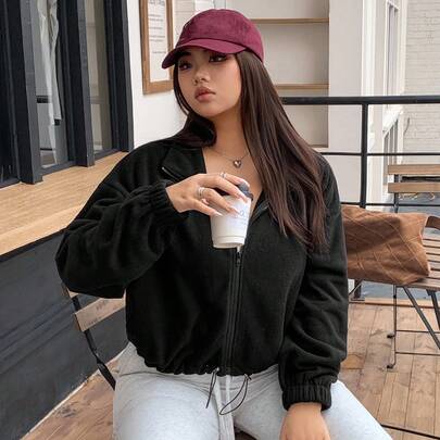 플러스플러스 사이즈 플리스 밑단 드로스트링 스탠드 칼라 루즈 롱 슬리브 스트리트 스타일 플러스플러스 사이즈 여성 재킷 겨울