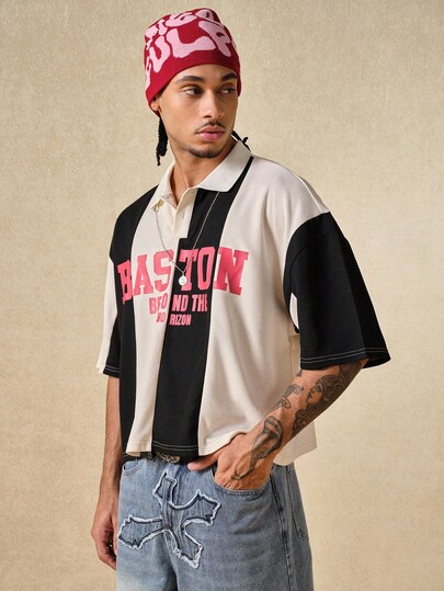 Street Life Men's Casual Colorblock Letter Print Short Sleeve Polo Shirt