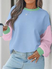 SHEIN EZwear Casual Minimalist Green, Pink, Blue Colorblock Striped Round Neck Loose Short Sleeve T-Shirt For Women, Suitable For Fall,Fall Clothes For Women Winter Autumn - Multicolor - View 4