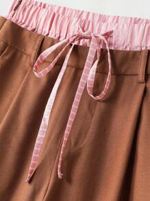 lacRébo Brown Wide-Leg Trousers With Layered Look And Contrast Striped Waistband Going Out Back To School Spring Summer - Brown - View 8