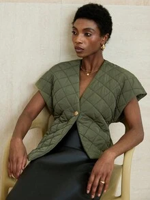 Aveloria Modichic Áo khoác đệm trơn cổ chữ V có viền bất đối xứng, trang phục đi làm - xanh quân đội - Xem 6