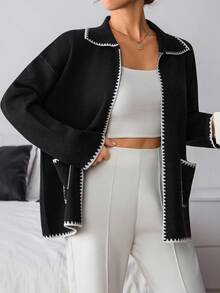 EURMUSE Women's Fashion Contrast Trim Button Cardigans Sweater Black Cardigan Women Black Jacket Women Cardigan With Pockets Contrast Trim Cardigan Jacket For Dress Womens Black Cardigan Black Cardigan Sweater,Petite,Tall - Black - View 1