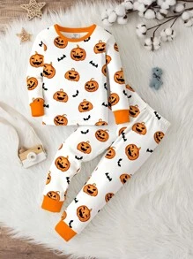 SHEIN Young Boy White Halloween Pajama Set,Cute Pumpkin Head Little Bats Pattern Snug Fit Long Sleeve Crew Neck - Multicolor - View 3