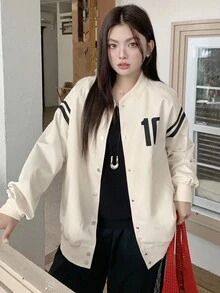 Dazy Plus Plus Size Varsity Jacket, Contrast Color Block & Numeric Print, Long Sleeve Loose Fit Plus Size Casual Coat For Women School - Apricot - View 4