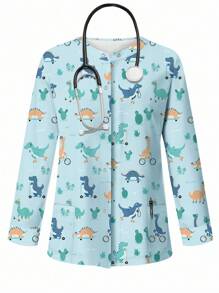 PopScrub 可爱卡通蓝色恐龙印花女式/护士服制服夹克 - 彩色 - 查看 1