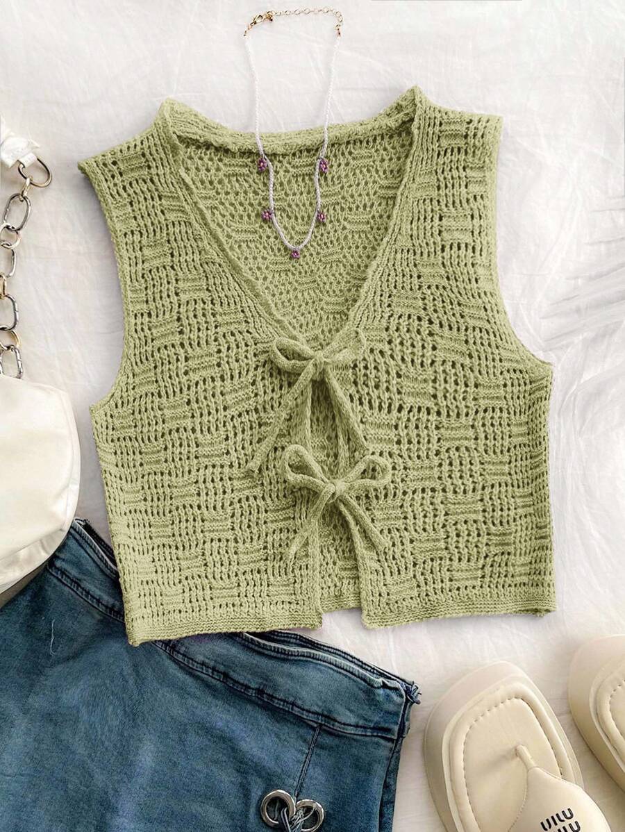 SHEIN Tween Girl Casual Versatile Knit Geometric Jacquard Bow Decor Short Sleeve Cardigan, Lime Green, Suitable For All Seasons, Girls Green Crop Top, Tween Girls Crop Vest, Crochet Crop Top, Green Knit Vest, Girls Tie Front Vest,In Fall/Winter