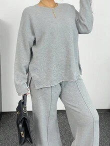 POPSWAY Casual 2 Pieces Loose Knit Sweater Set, Grey, Autumn/Winter Fall