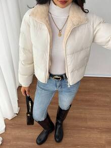 SHEIN PETITE 女士拉链夹棉大衣，日常穿着，秋冬季白色冬季大衣羽绒服女士冬季夹克外套女士羽绒服女士冬季羽绒服女士羽绒服 - 奶油色 - 查看 1