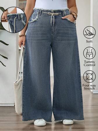 SHEIN CURVE+ 大码女式抽绳腰部磨损口袋阔腿宽松休闲牛仔裤