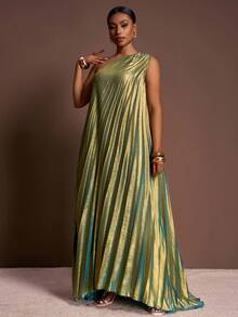 Veslaya 春夏秋季新款优雅派对、约会、毕业季、生日派对、聚会、婚礼季、宴会、性感、宽松无袖单肩、单侧高开衩、亮面面料、全身褶皱大码长裙 - A - 綠色 - 查看 4