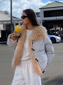 DAZY Abrigo acolchado con cuello de piel, solapa a cuadros, holgado y grueso, forrado de felpa para mujeres, ropa de invierno para mujeres en otoño/invierno - Blanco y Negro - Ver 3