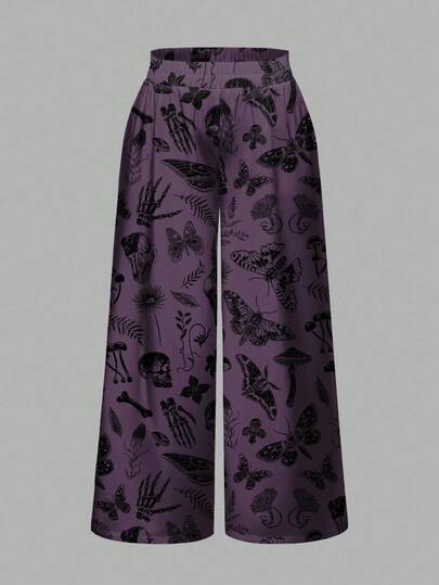 Goth Plus Size Women Gothic Witch Dark Palace Skull Moth Plant Butterfly Mushroom Leaf Print Loose Wide Leg Pants, Halloween