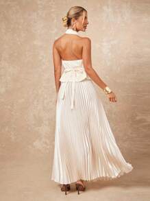 Lumalex Women's Off-White Summer Elegant Formal 2pcs Set,Metal Buckle V-Neck Ruched Waist Top & Satin Shiny Pleated Maxi Skirt,Old Money Wedding Guest Outfit - Apricot - View 3