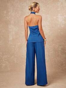 Lumalex New Business Casual Smart Casual Retro Elegant OL Blue Halter Metal Buckle Decor Top Paired With Loose Wide Leg Pants Women 2 Pieces Set French Brunch - Blue - View 9