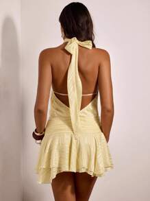 Opulessa 女式纯色梭织露背吊带迷你连衣裙 - 黃色 - 查看 4