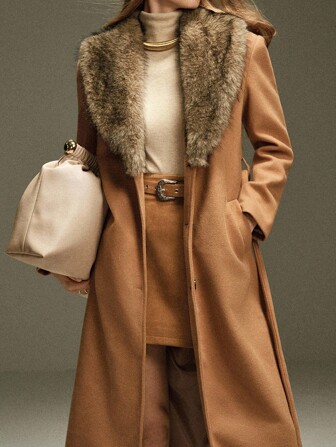 Arave Fuskpälskrage Åtsittande midja Midja Lång Modern överrock i europeisk och amerikansk stil