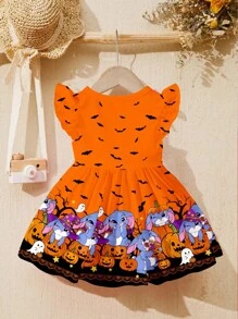 SHEIN 南瓜色，可爱万圣节卡通蓝兔露露，针法图案，可爱南瓜蜘蛛蕾丝星星印花，秋天气息，女婴甜美蝴蝶结卡通印花时尚长袖连衣裙，适合秋冬 - 彩色 - 查看 3