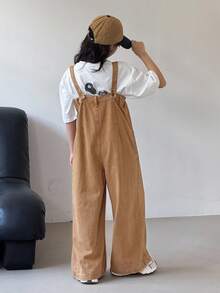 SHEIN Tween Girls Y2K Khaki Washed Oversize Baggy Wide Leg Denim Jumpsuit,Back-To-School Streetwear,Summer School Outfit,Autumn Winter Camel Casual Jeans - Khaki - View 2