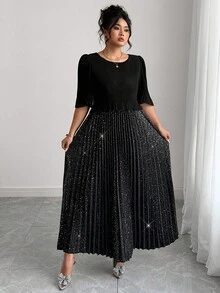 Elenzga Elegantes plissiertes Chiffonkleid in Unifarbe in Große Größen, geeignet für Partys, Frühling/Sommer - Schwarz - Übersicht 1