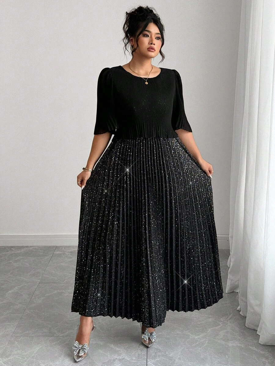 Elenzga Elegantes plissiertes Chiffonkleid in Unifarbe in Große Größen, geeignet für Partys, Frühling/Sommer - Schwarz - Übersicht 1