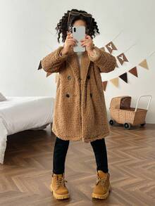 SHEIN Young Girl Casual Versatile Turndown Collar Thermal Lined Thick Long Sleeve Cardigan Fall Winter - Coffee Brown - View 4