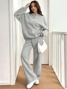 SHEIN EZwear 2 件套女士休闲保暖连帽运动衫和运动裤，浅灰色，秋冬 - 淺灰色 - 查看 5