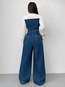 SHEIN 少女 Y2K 90 年代蓝色连体裤二合一拼色套装，配有腰带阔腿裤春夏连体裤，女孩秋季返校节牛仔两件套服装，商务休闲女士，秋冬连体裤，女孩教师服装 - 深色水洗藍 - 查看 2